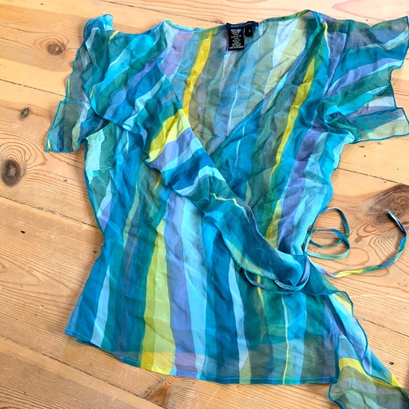 BCBGMaxAzria 100% silk skirt and sheer wrap top size 4 bright blues and greens. - Picture 2 of 7
